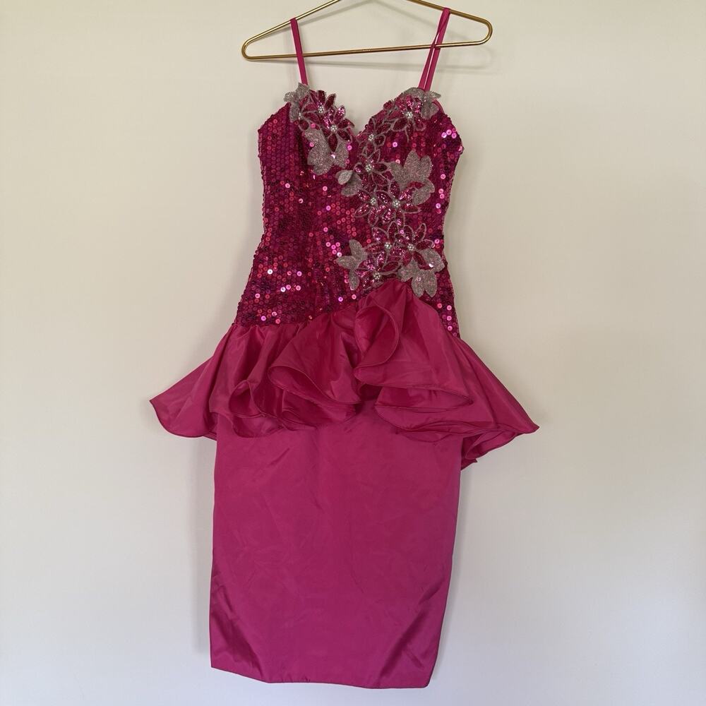 Vintage Alyce Designs Hot Pink Sequin Cocktail Prom Dress Peplum Size 8